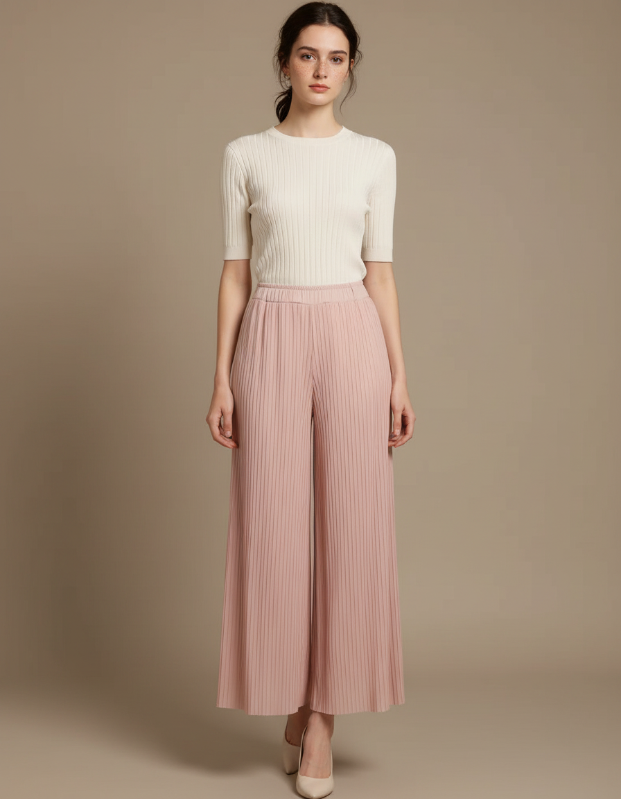 Pantalon Jupe Plissé Rose Poudre Fluide Élégant - Polyester