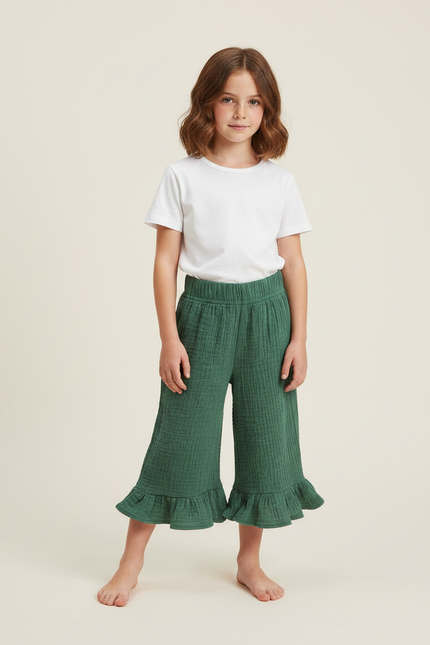 Pantalon Jupe Vert Coton Volants Fille Décontracté