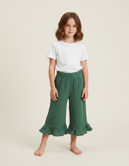 Pantalon Jupe Vert Coton Volants Fille Décontracté