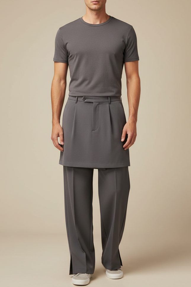 Pantalon Jupe Gris Droit Superposé Élégant Homme - Polyester