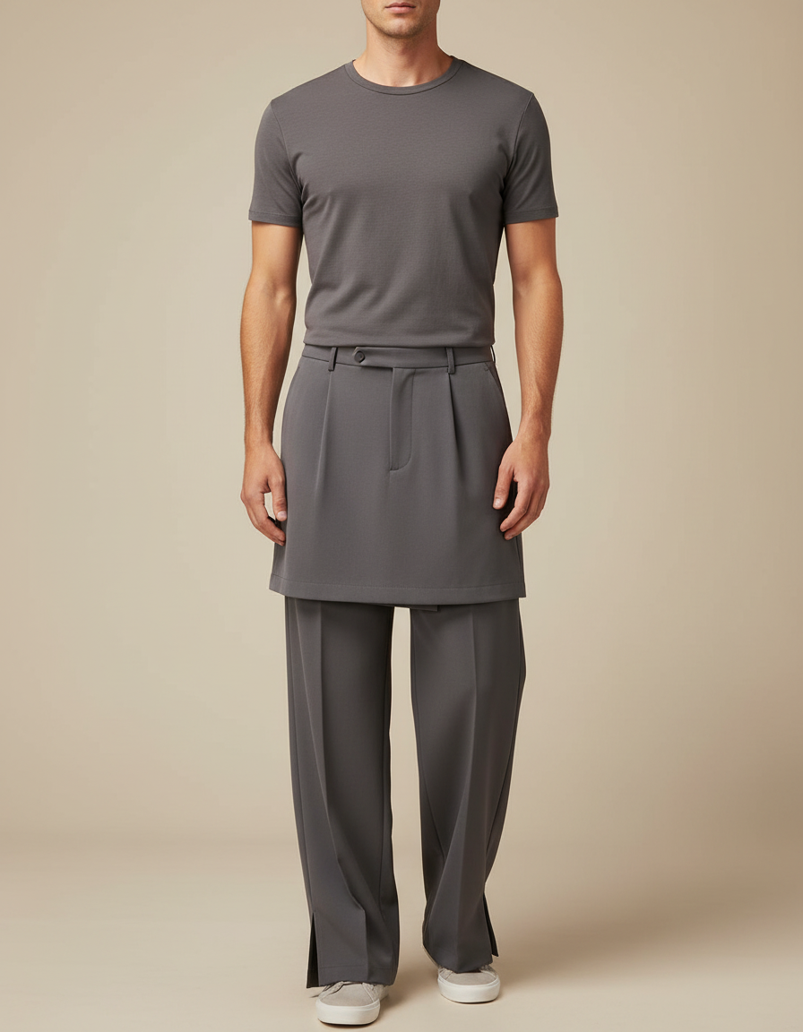 Pantalon Jupe Gris Droit Superposé Élégant Homme - Polyester