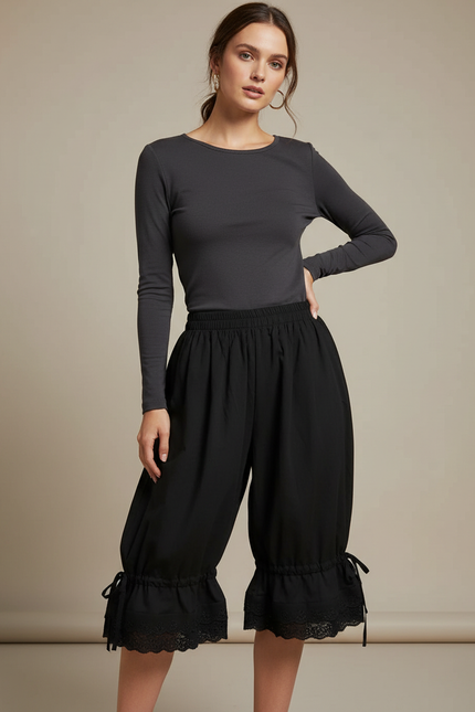 Pantalon Jupe Noir Ample Volants Dentelle - Viscose