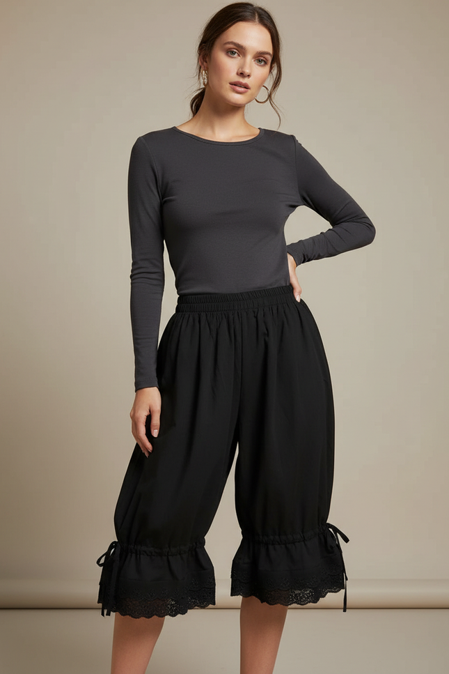 Pantalon Jupe Noir Ample Volants Dentelle - Viscose