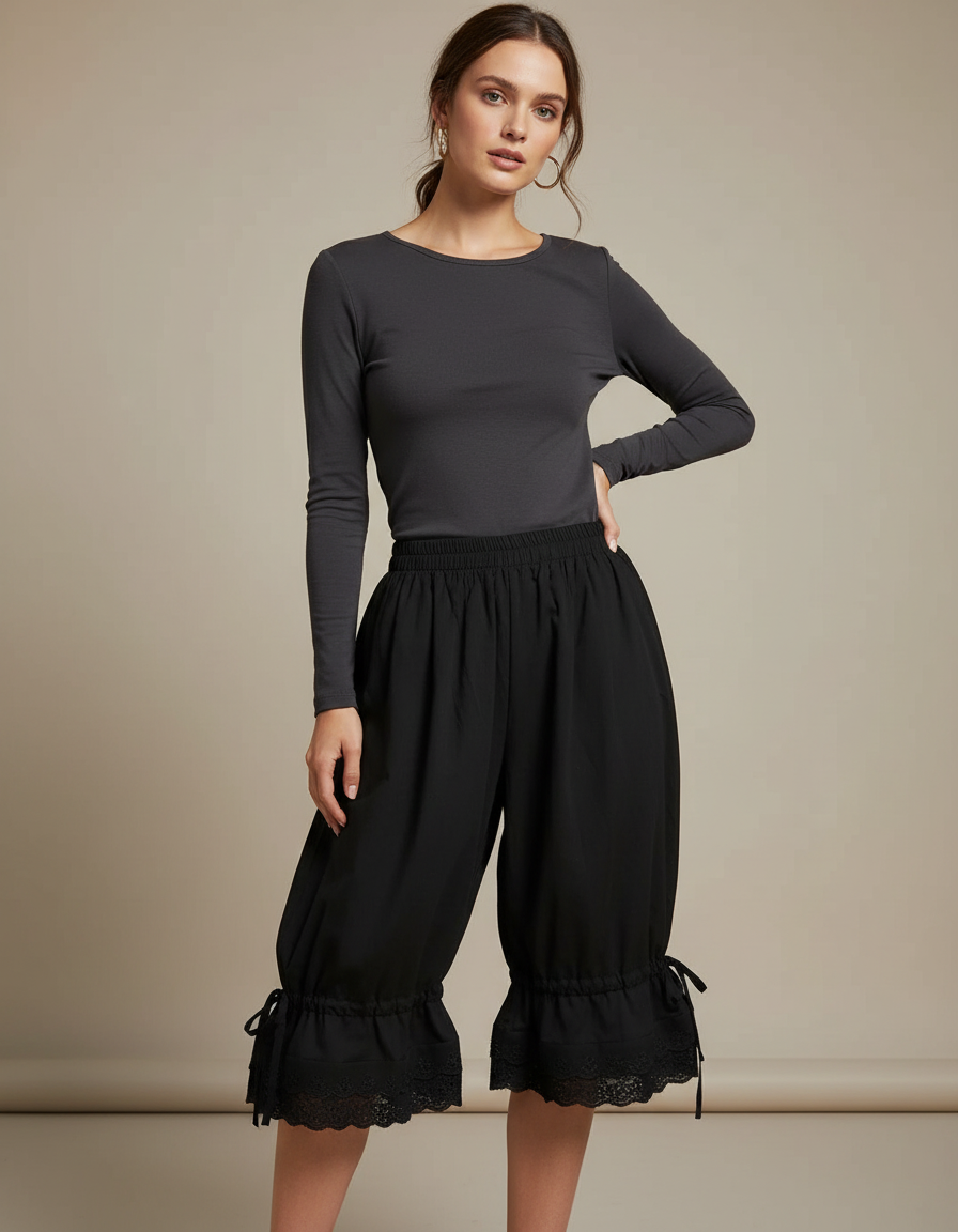 Pantalon Jupe Noir Ample Volants Dentelle - Viscose
