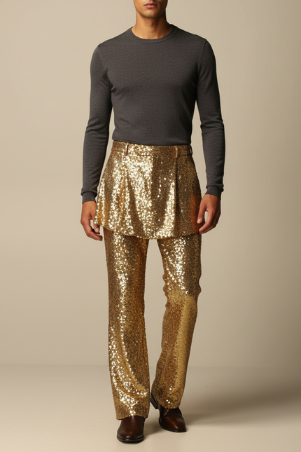 Pantalon Jupe Doré Pailleté Ample Élégant Homme - Polyester