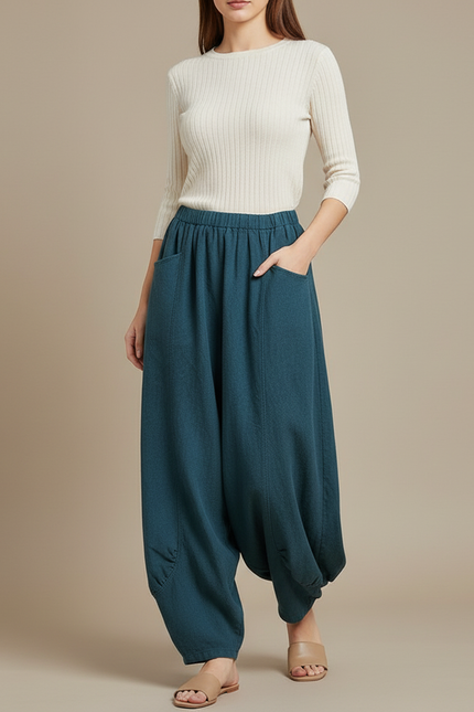 Pantalon Jupe Ample Coton Lin Vert Décontracté