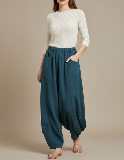 Pantalon Jupe Ample Coton Lin Vert Décontracté