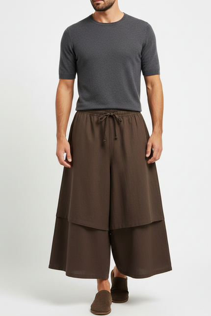 Pantalon Jupe Marron Ample Superposé Homme Lin