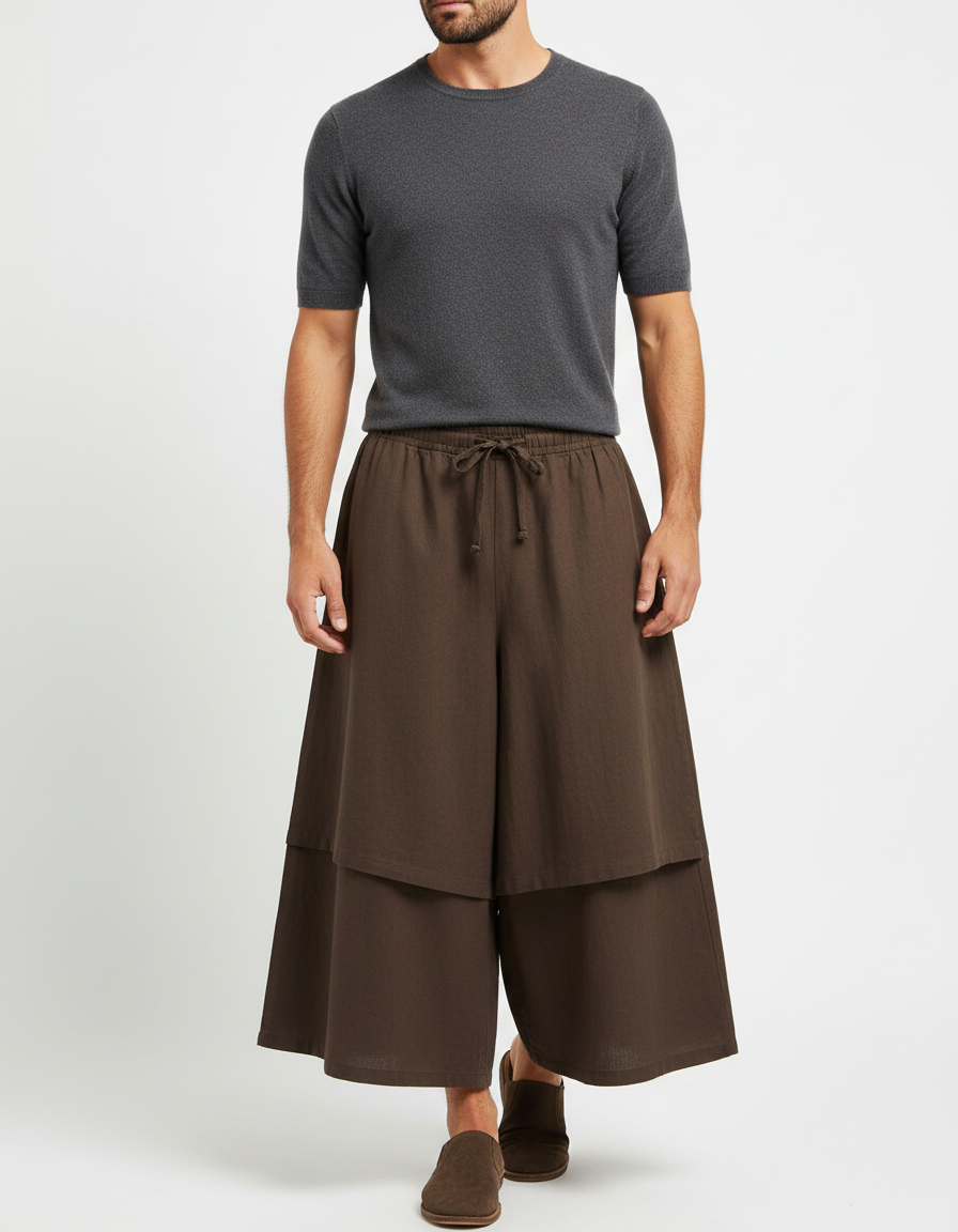 Pantalon Jupe Marron Ample Superposé Homme Lin