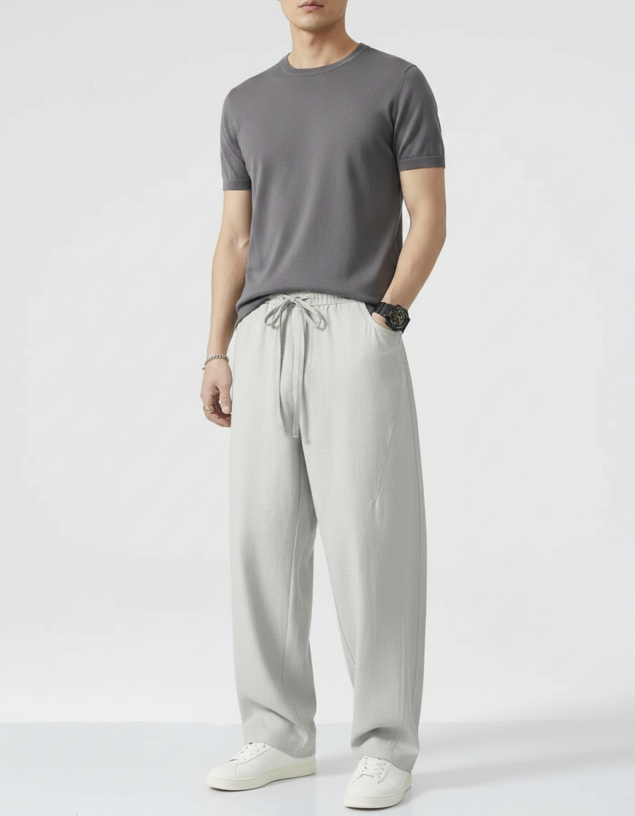 Pantalon Jupe Gris Clair Ample Coton Lin Décontracté