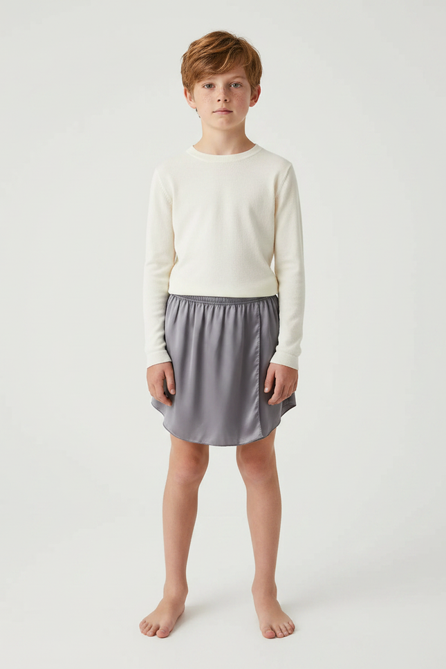 Pantalon Jupe Gris Satiné Fluide Asymétrique Garçon