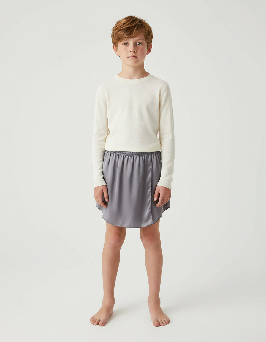 Pantalon Jupe Gris Satiné Fluide Asymétrique Garçon