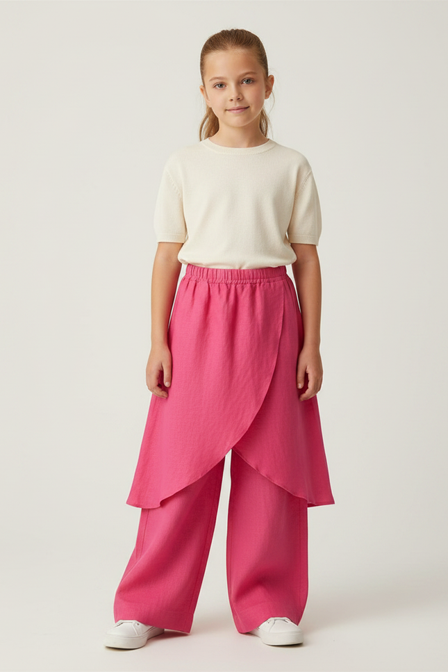 Pantalon Jupe Rose Lin Ample Superposé Fille