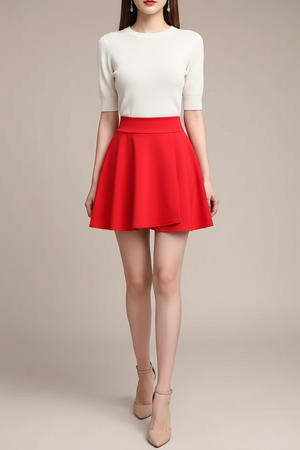 Pantalon Jupe Rouge Évasée Courte Décontractée Femme - Gabardine