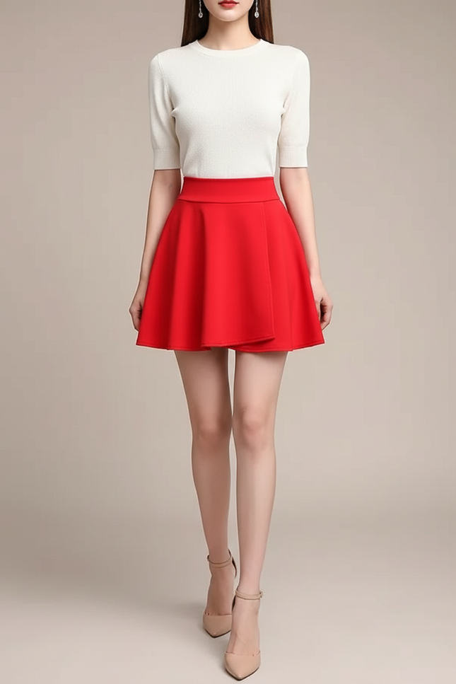 Pantalon Jupe Rouge Évasée Courte Décontractée Femme - Gabardine