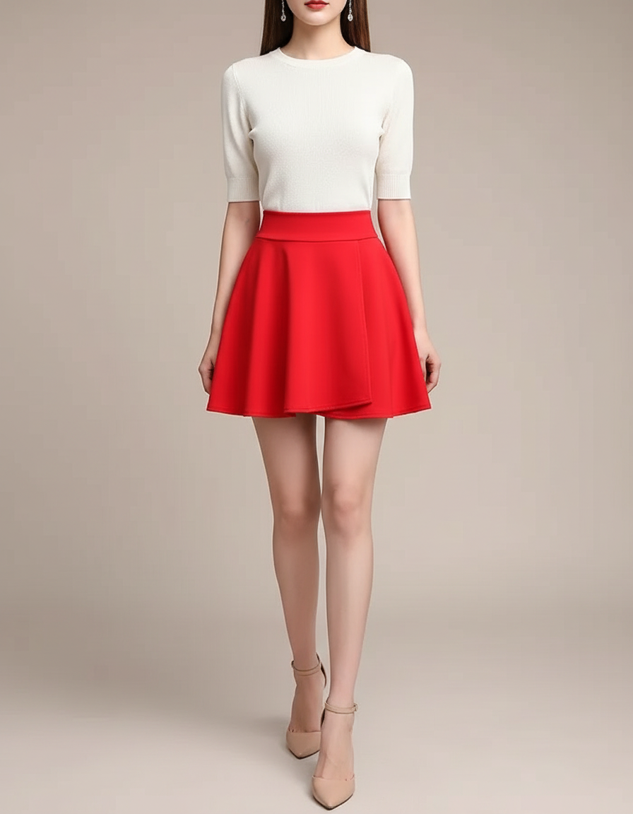 Pantalon Jupe Rouge Évasée Courte Décontractée Femme - Gabardine
