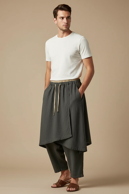 Pantalon Jupe Kaki Lin Ample Asymétrique Moderne