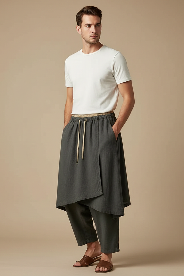 Pantalon Jupe Kaki Lin Ample Asymétrique Moderne