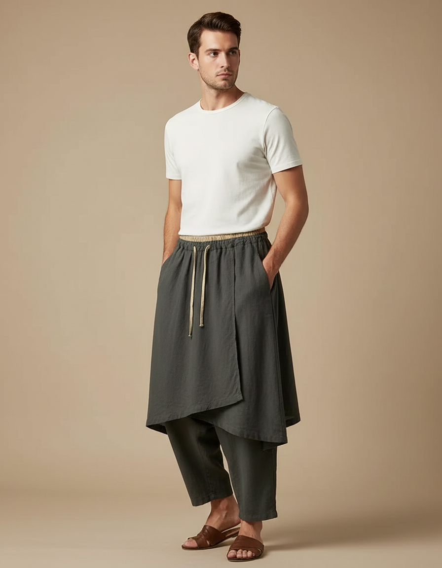 Pantalon Jupe Kaki Lin Ample Asymétrique Moderne