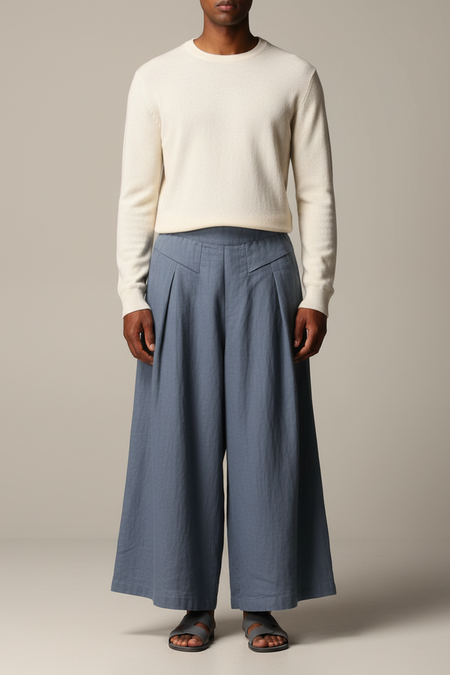 Pantalon Jupe Ample Coton Lin Bleu Plissé