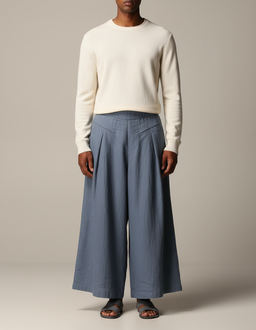 Pantalon Jupe Ample Coton Lin Bleu Plissé