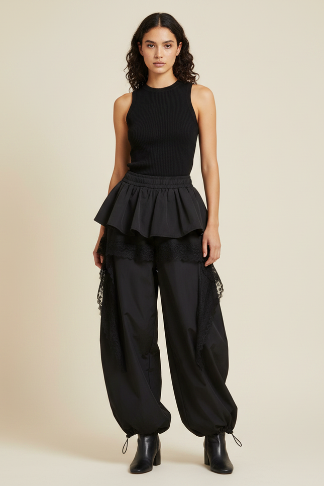 Pantalon Jupe Noir Ample Dentelle Volants Gothique - Polyester