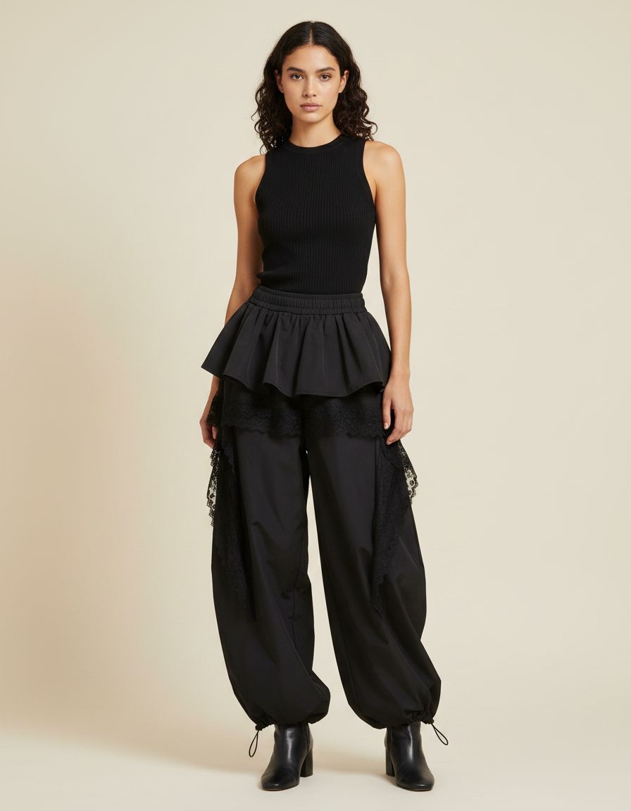 Pantalon Jupe Noir Ample Dentelle Volants Gothique - Polyester
