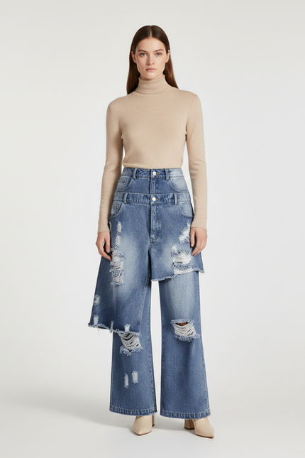 Pantalon Jupe Jean Bleu Dégrippé Ample Déstructuré