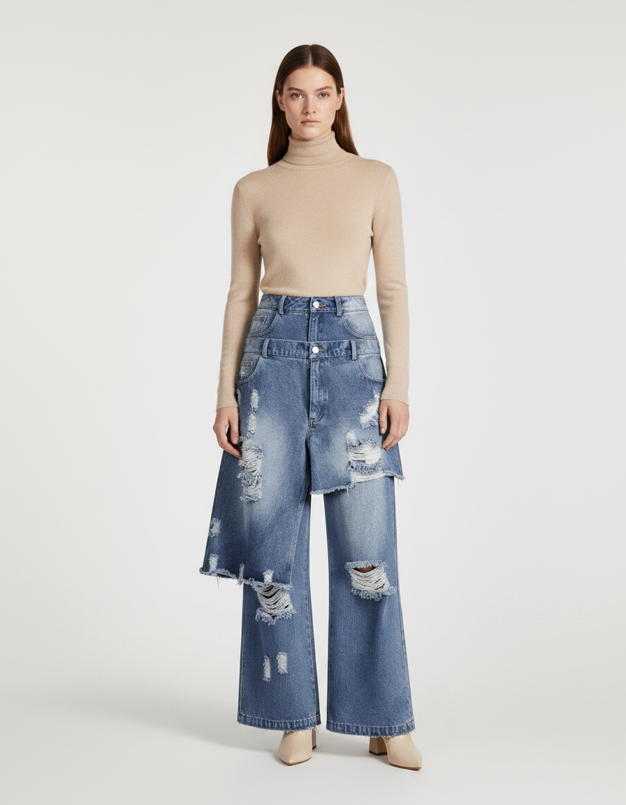 Pantalon Jupe Jean Bleu Dégrippé Ample Déstructuré