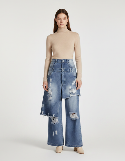 Pantalon Jupe Jean Bleu Dégrippé Ample Déstructuré