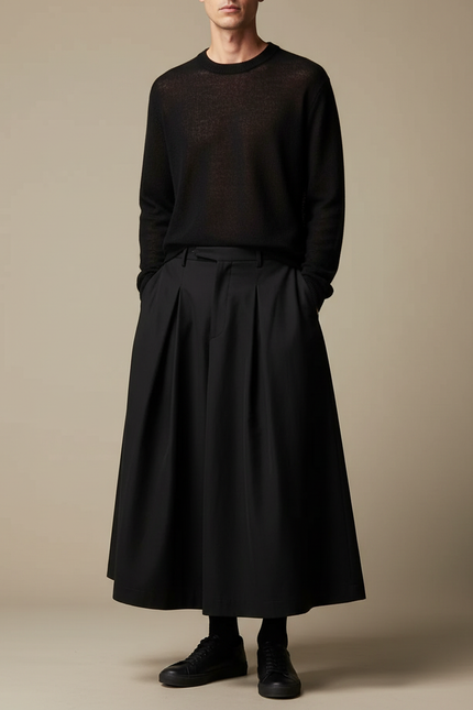 Pantalon Jupe Noir Ample Plissé Unisexe Décontracté - Polyester