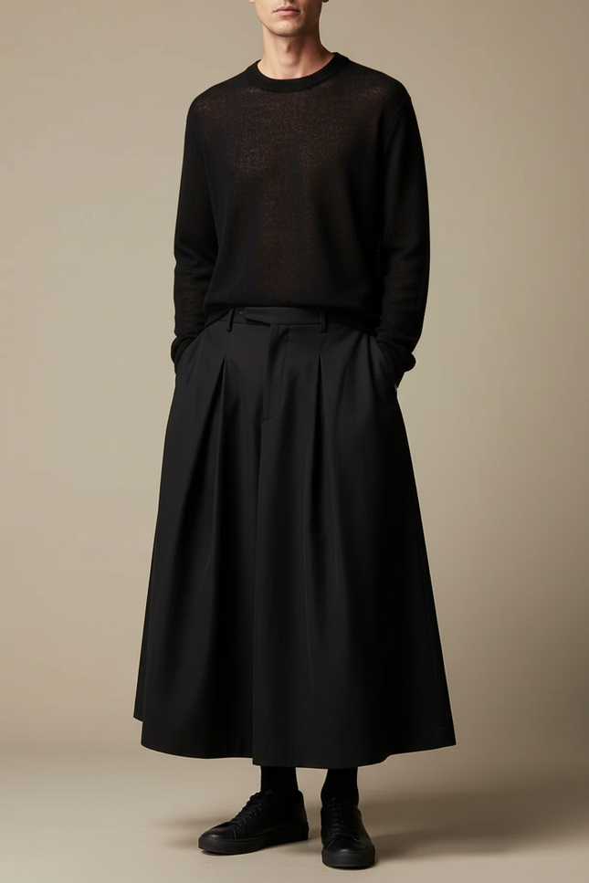 Pantalon Jupe Noir Ample Plissé Unisexe Décontracté - Polyester