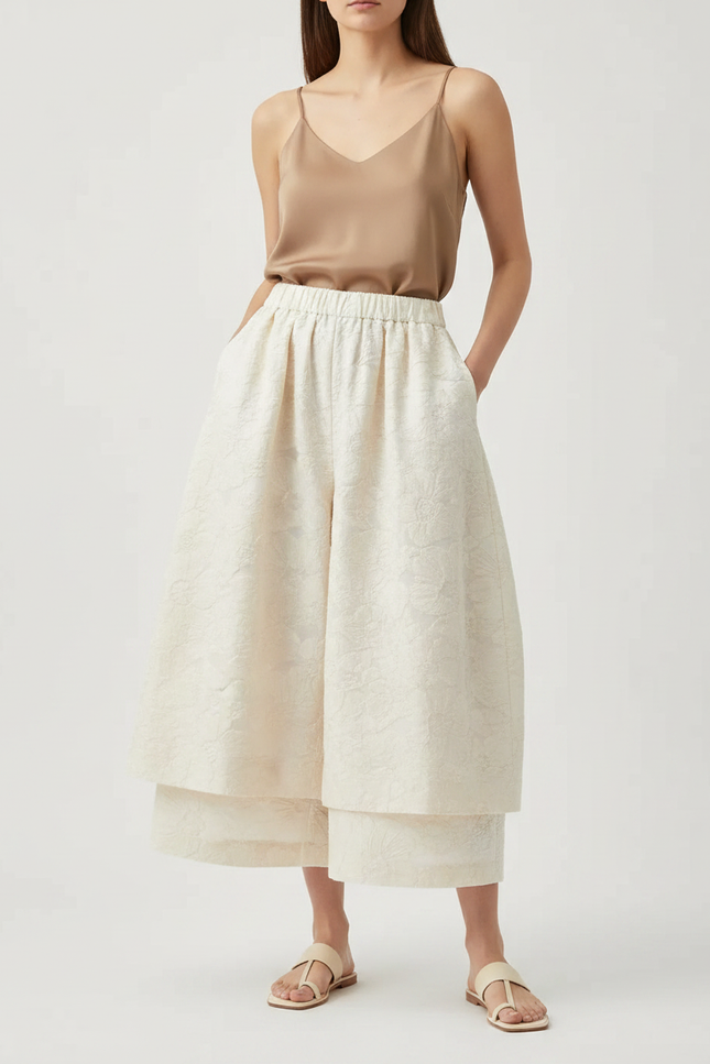 Pantalon Jupe Écru Ample Jacquard Superposé Élégant - Beige Polyester