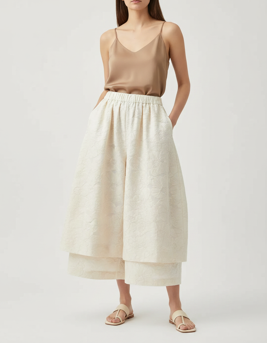 Pantalon Jupe Écru Ample Jacquard Superposé Élégant - Beige Polyester