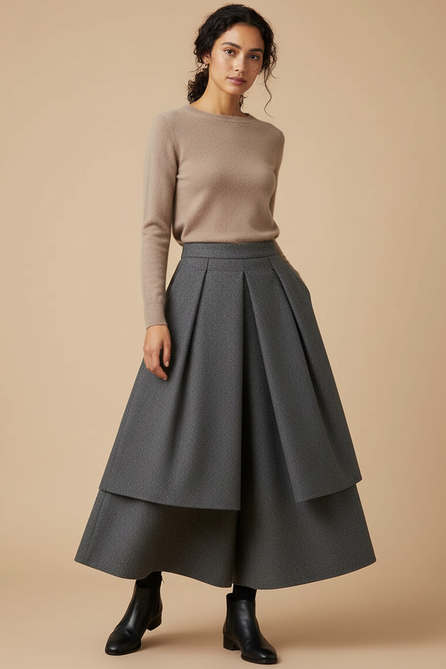 Pantalon Jupe Gris Plissé Laine Ample Superposé Élégant