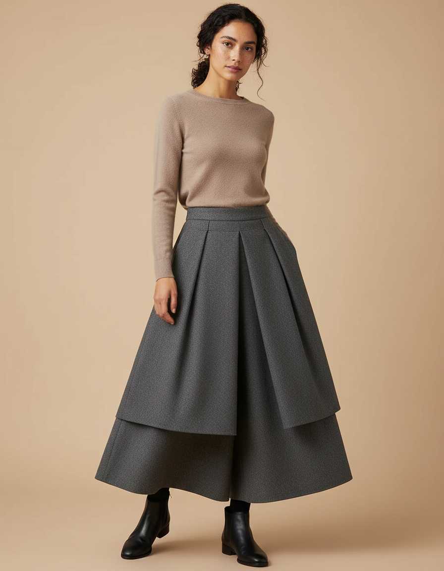 Pantalon Jupe Gris Plissé Laine Ample Superposé Élégant