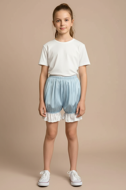 Pantalon Jupe Bleu Ciel Satin Volants Bouffant Court