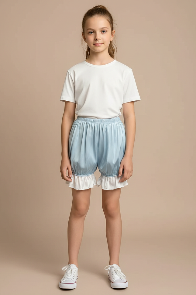 Pantalon Jupe Bleu Ciel Satin Volants Bouffant Court