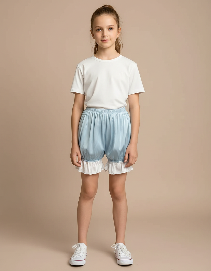 Pantalon Jupe Bleu Ciel Satin Volants Bouffant Court