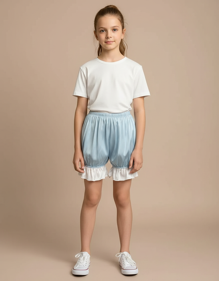Pantalon Jupe Bleu Ciel Satin Volants Bouffant Court