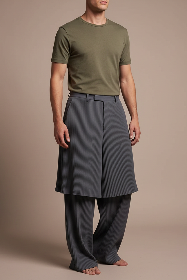 Pantalon Jupe Plissé Gris Ample Élégant Homme - Polyester