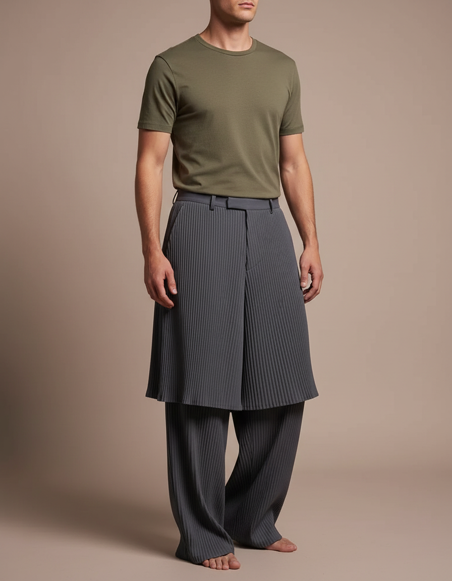 Pantalon Jupe Plissé Gris Ample Élégant Homme - Polyester