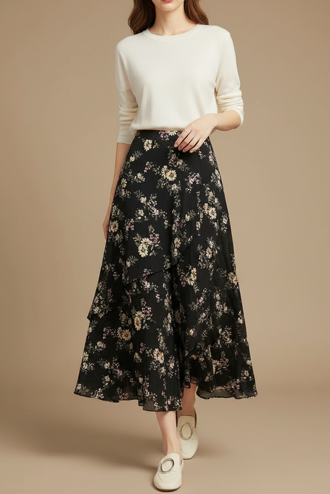 Pantalon Jupe Noir Fleuri Chiffon Volants Fluide Élégant - Viscose