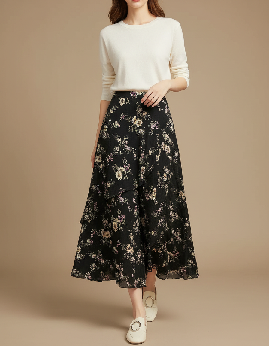 Pantalon Jupe Noir Fleuri Chiffon Volants Fluide Élégant - Viscose