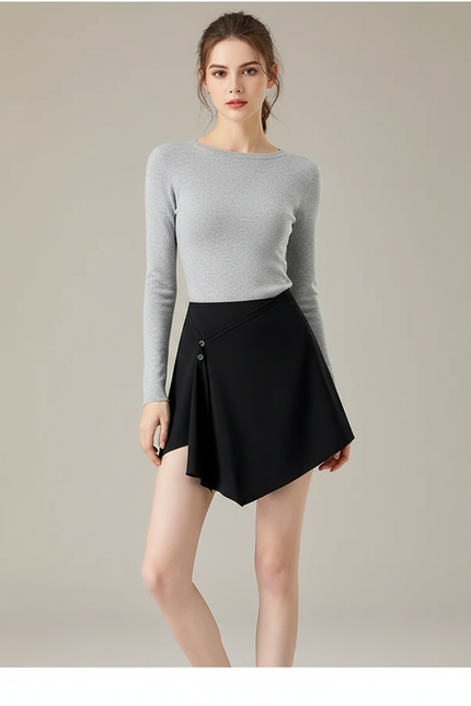 Pantalon Jupe Noir Asymétrique Boutons Élégant - Polyester