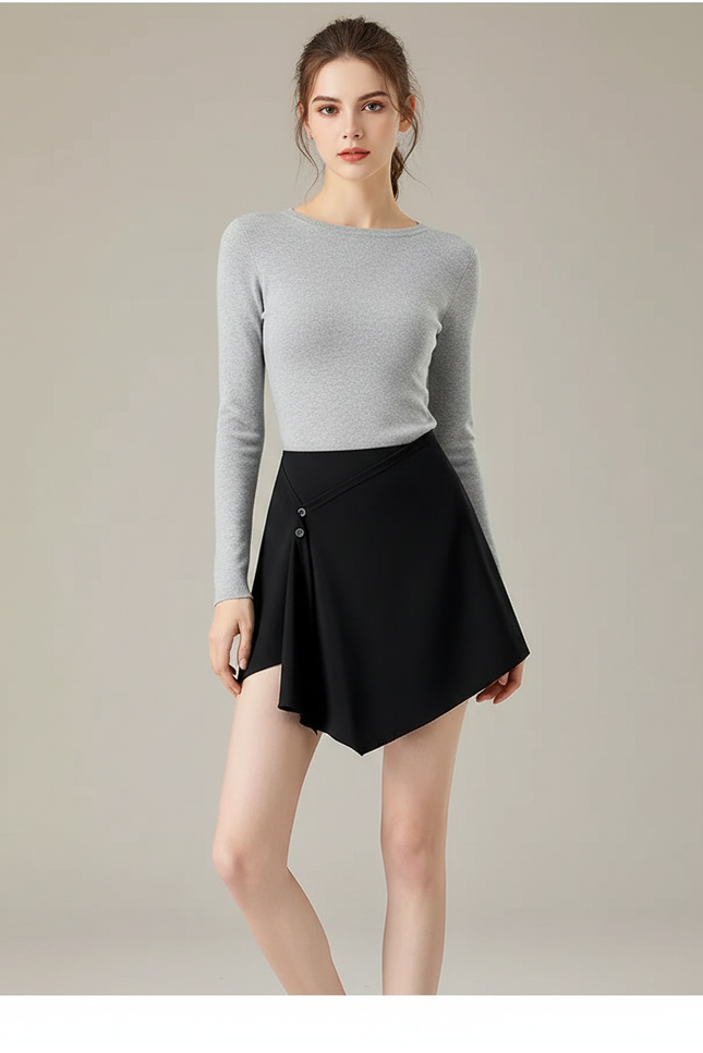 Pantalon Jupe Noir Asymétrique Boutons Élégant - Polyester