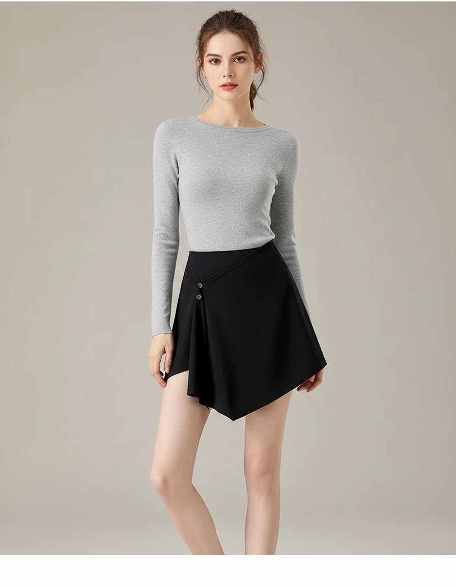 Pantalon Jupe Noir Asymétrique Boutons Élégant - Polyester