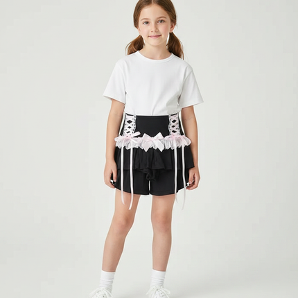 Pantalon Jupe Noir Dentelle Rose Nœuds Lolita - Polyester
