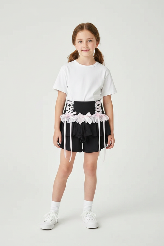 Pantalon Jupe Noir Dentelle Rose Nœuds Lolita - Polyester