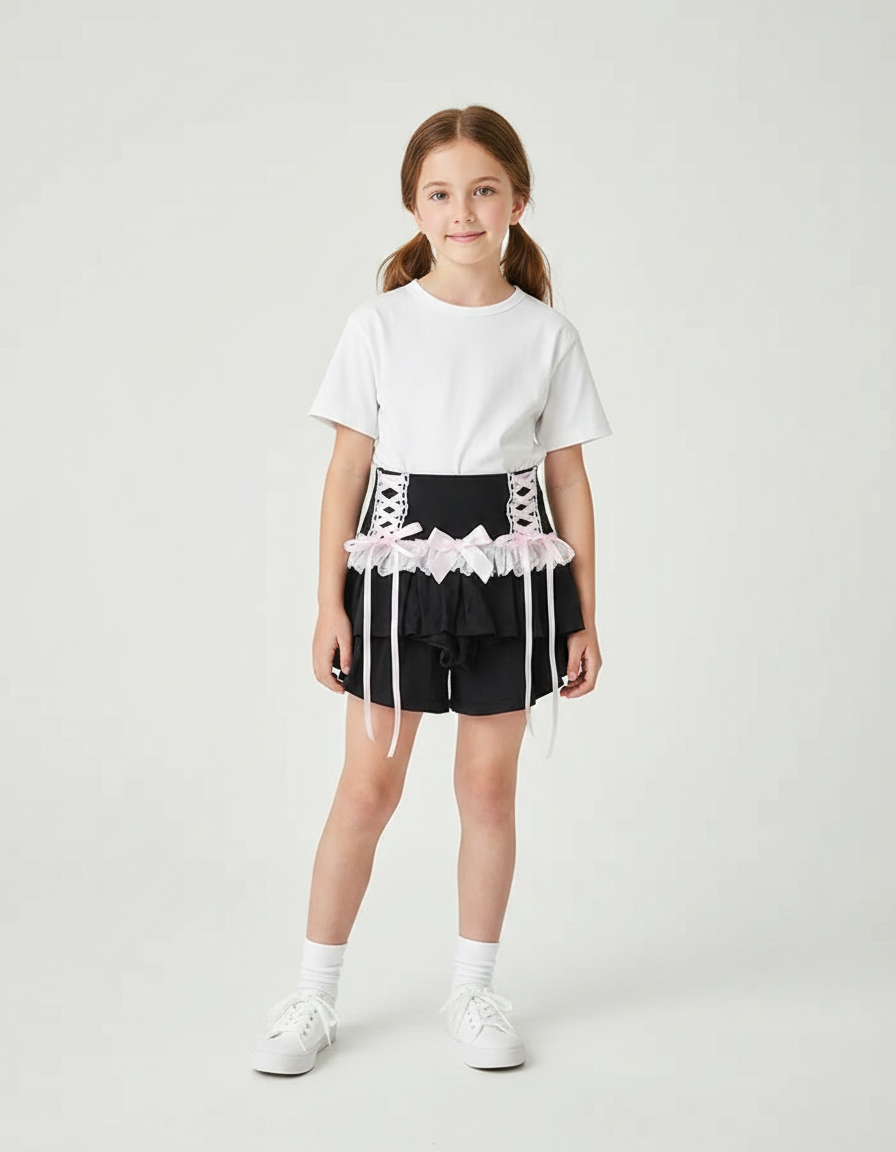 Pantalon Jupe Noir Dentelle Rose Nœuds Lolita - Polyester